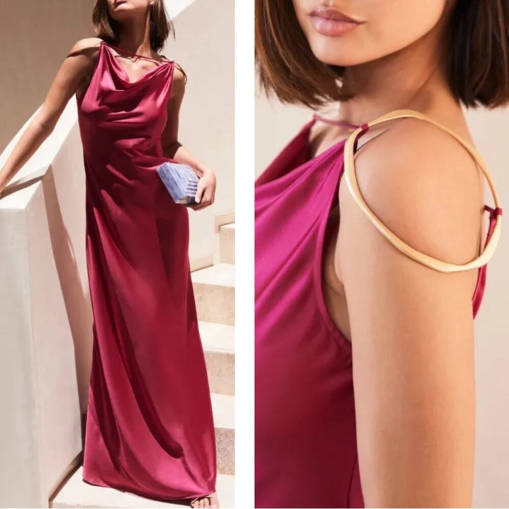 CULT GAIA Azaelia Gold Ring Shoulder Detail Cowl Neck Peony Pink Maxi Dress Sz M